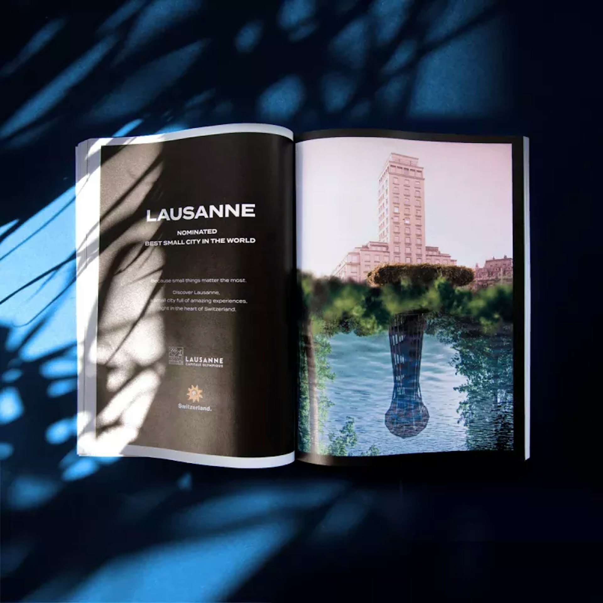 Page de magazine avec une publicité pour Lausanne, meilleure petite ville du monde