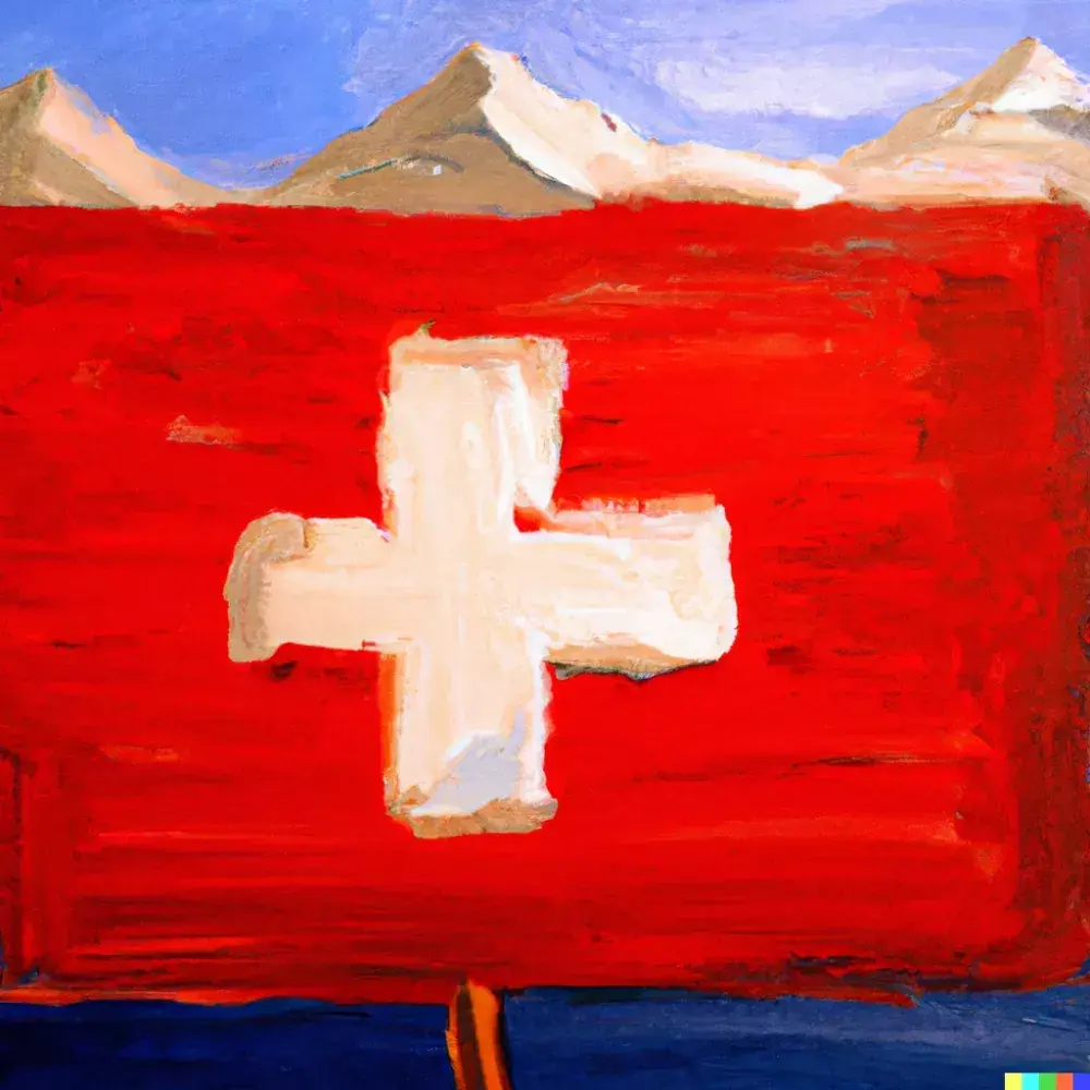 Painting of the Swiss flag with mountains in the background