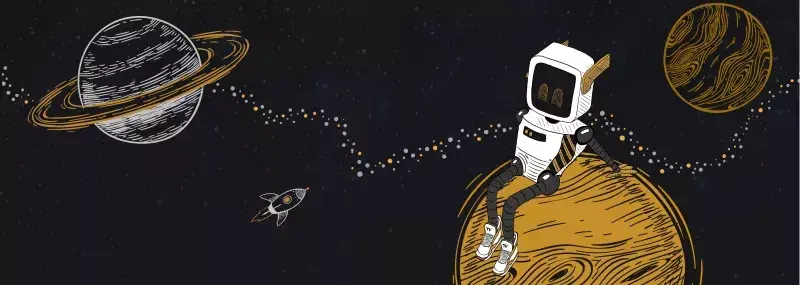 Illustration of a robot sitting on Saturn