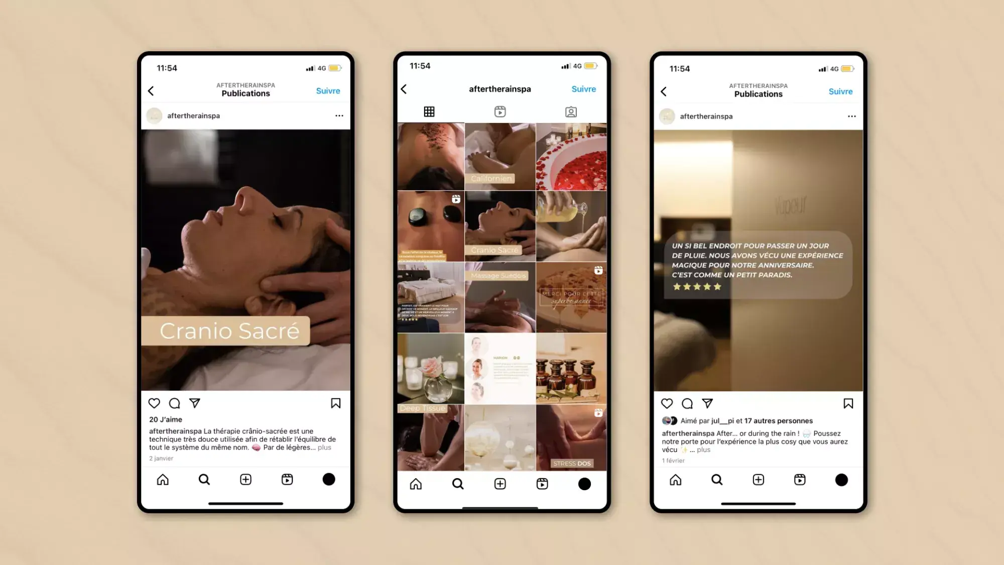 Mockup mobile des publications Instagram pour le spa After the Rain