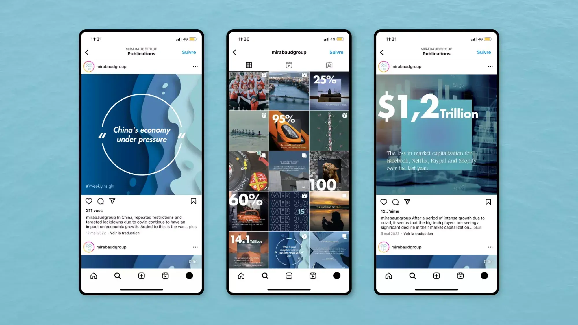 Mockup of a mobile application on three screens