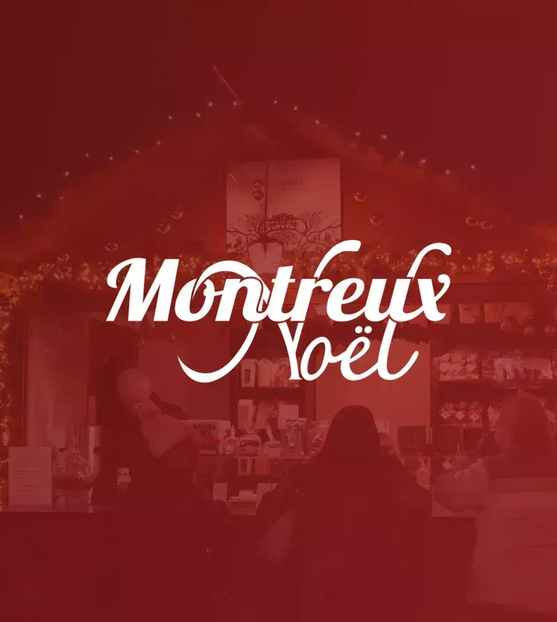 Logo de Montreux Noël avec fond de marché de Noël