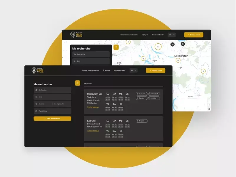 Interface de recherche de restaurant ALIGRO RestoClub