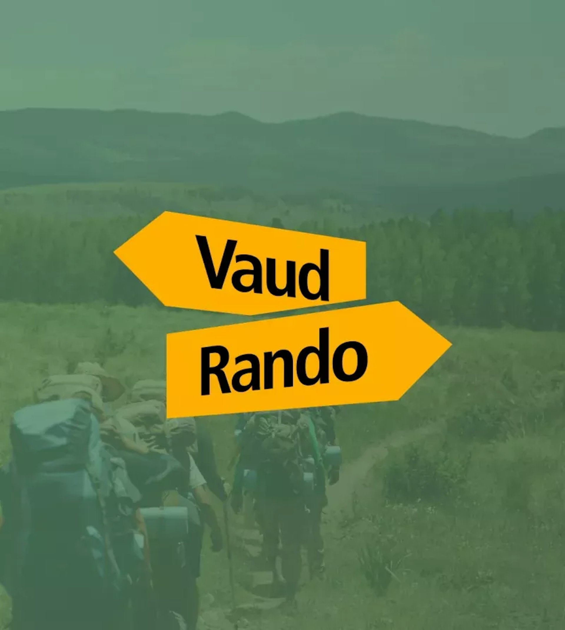Vignette du logo VaudRando avec des randonneurs en arrière-plan - Marvelous Digital, agence digitale en Suisse